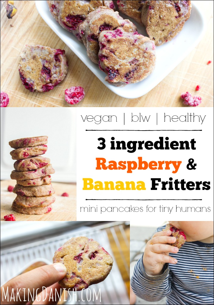 3 ingredient vegan banana and raspberry fritters for baby and kids